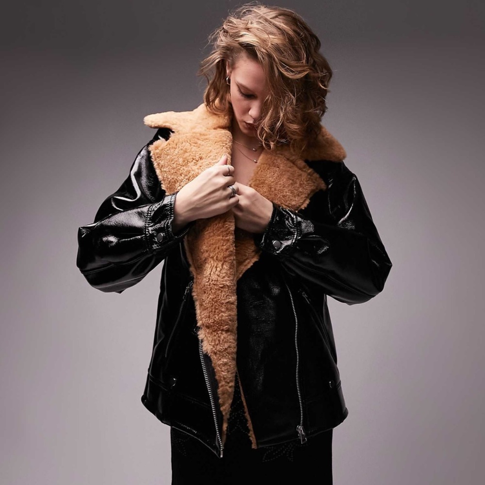 Black Vegan Leather Jacket with Tan Shearling Collar